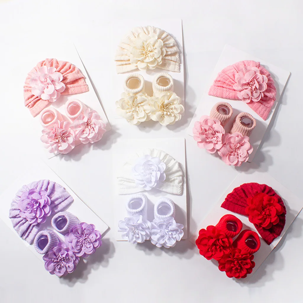 

MILANCEL New Baby Fetal Cap 0-12M Sweet Flower Infant Girls Beanie + Socks 9 Colors Comfortable Ventilate Toddler Accessories