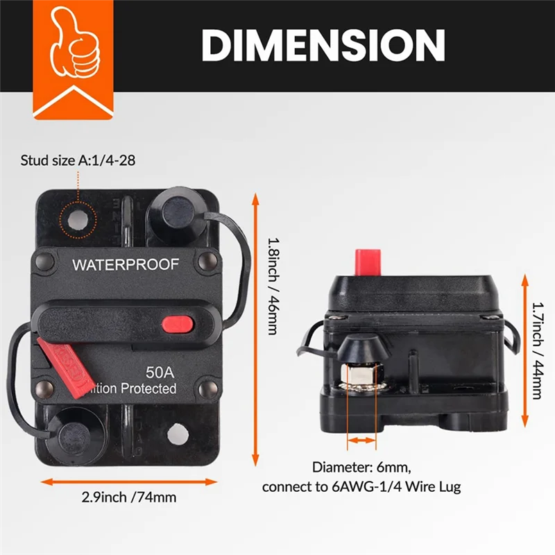 -ESTR 50 أمبير قاطع دائرة السيارات مع إعادة الضبط اليدوي، حامل فيوز مقاوم للماء لمحركات التصيد والقوارب والسيارات