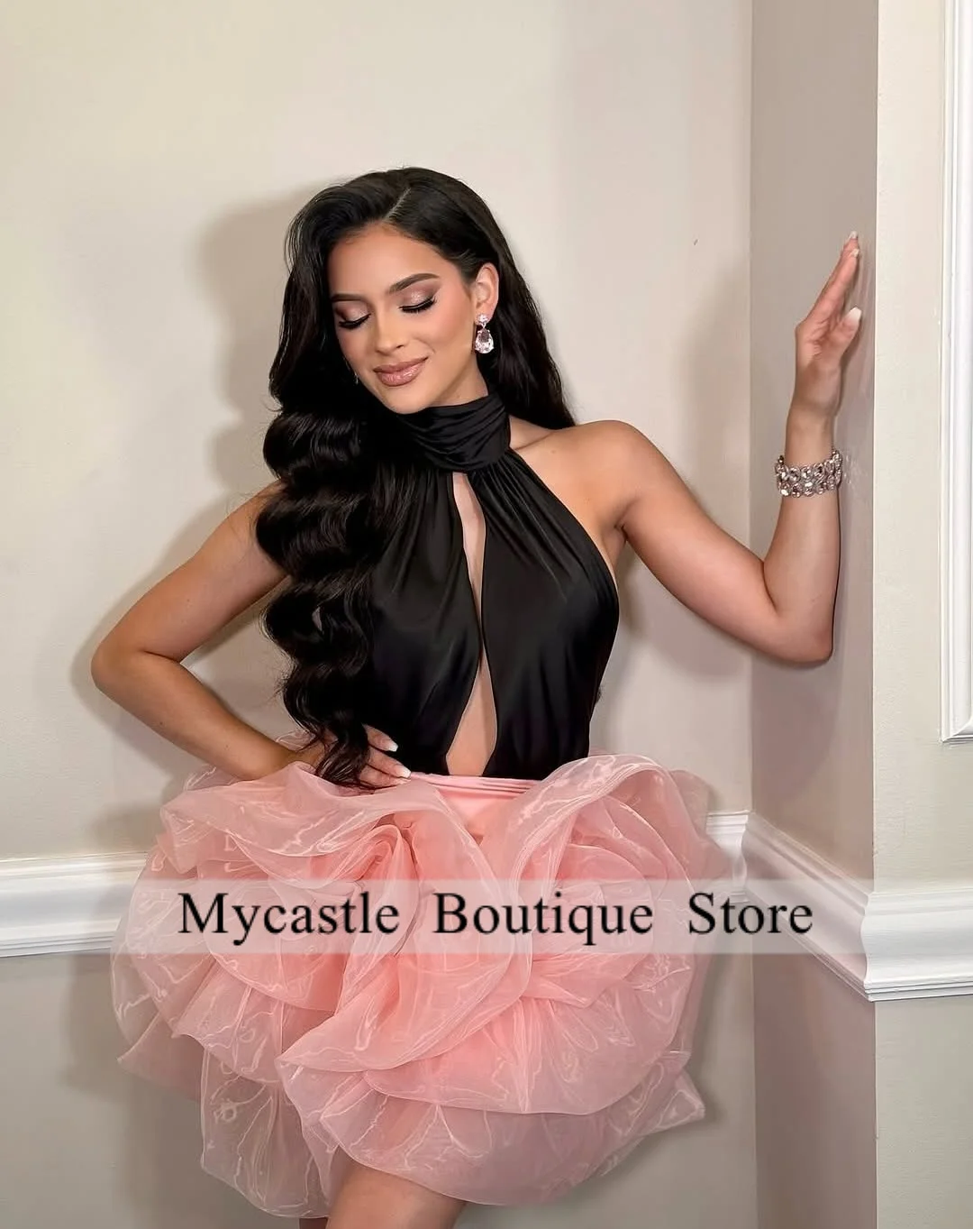 

New Contrast Black-Pink Tulle Short Evening Dress 2025 Fashion Women Elegant Prom Dress Sexy Birthday Party Dress Customized