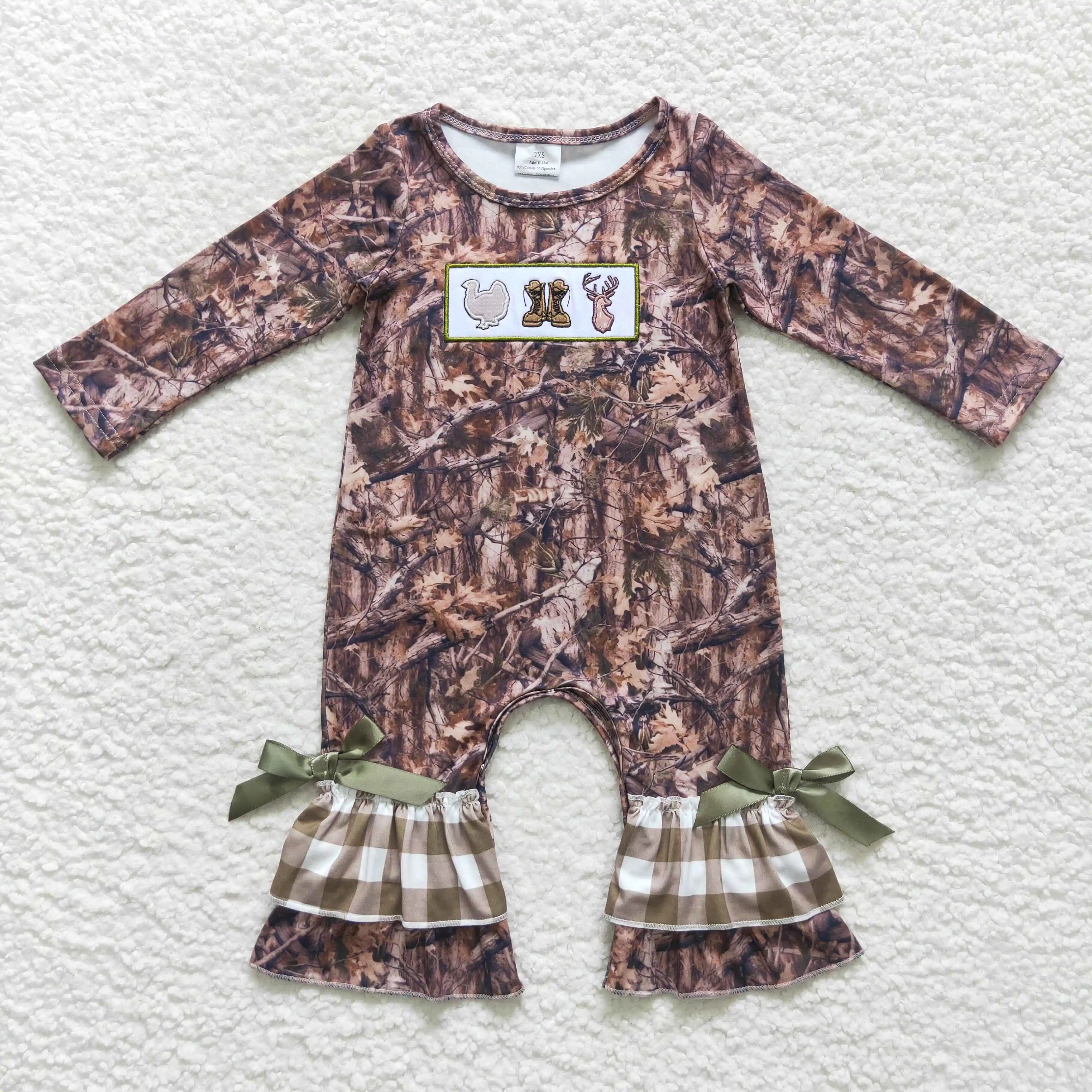 Wholesale Baby Girls Thanksgiving Jumpsuit Toddler Embroidered Turkey Boots Deer Leaf Hidden Button Romper