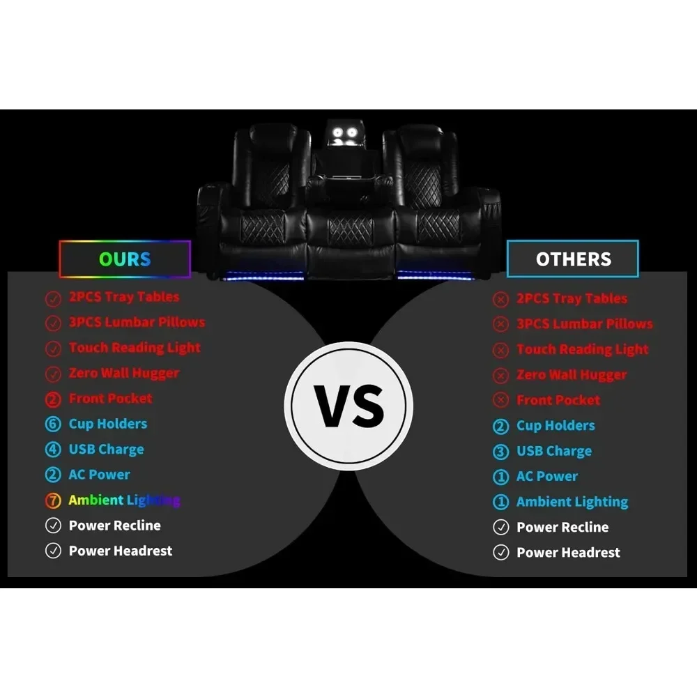 홈 리클라이닝 소파 좌석, 7 가지 색상 주변 조명, 요추 베개, 터치 독서등, 트레이 테이블, 극장 리클라이너 소파