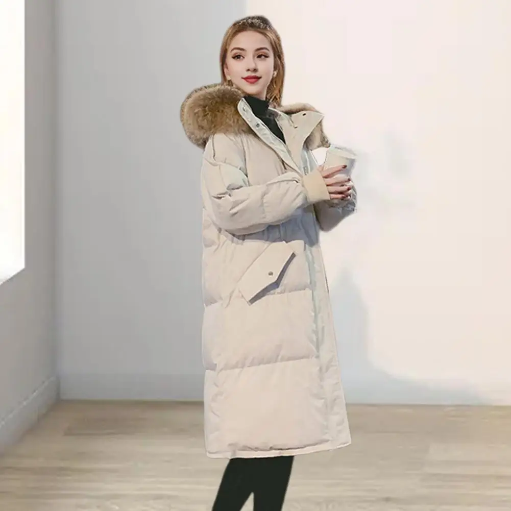 Cotton Coat With Hood Women\'s Winter Cotton Jacket With Furry Hood Heat Retention Knee Length Zip-up Coat For Windproof Outwear