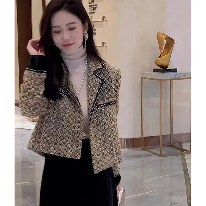 New High-End All-match Cardigan Top Lady Blazer Tops Ladie Suit Collar Wool Jacket Women Small Fragrant Style Short  Autumn 2025