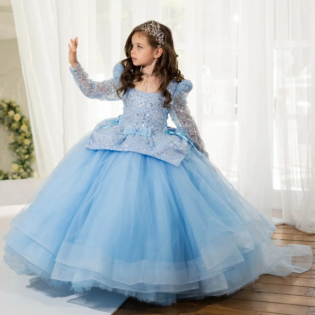 فستان أنيق لفتاة الزهور لحفلات الزفاف بأكمام كاملة من التول والترتر مع فساتين حفلات أعياد الميلاد للأطفال فساتين سهرة مخصصة