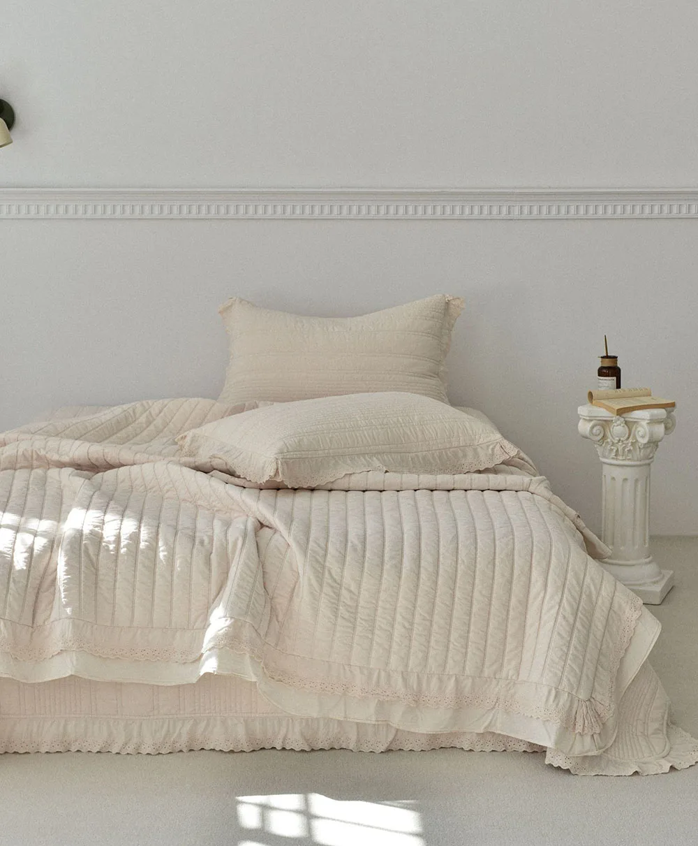 3pcs Bedding Set 100% Cotton Plant Enzyme Washed Quilt Bedspread with Lace, Multifunctional Solid Color Quilted Duvet Cover 1PC