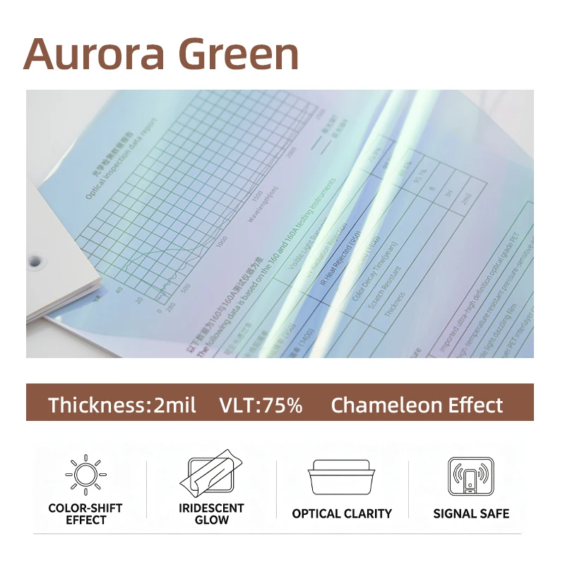 PET Aurora Green Color‑Changing Auto Window Film Chameleon Tint Anti‑Yellowing UV‑Block Clean Removable No Residue