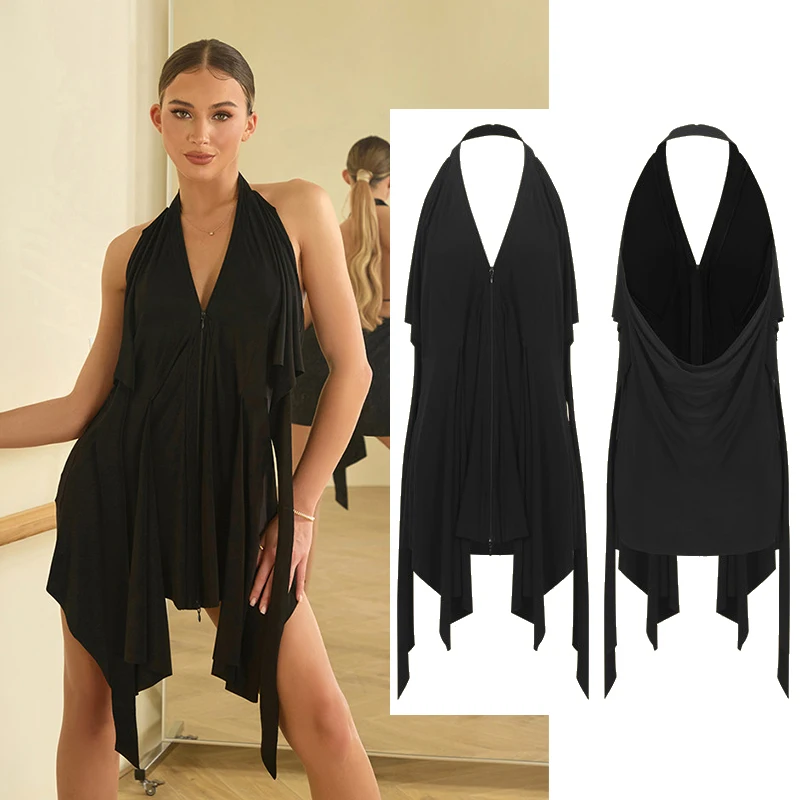 

ZYM Latin Dance Tops Women Summer Halter Neck Zipper Irregular Tops Black Dress Rumba Ballroom Dance Clothes Tango Wear DNV27304