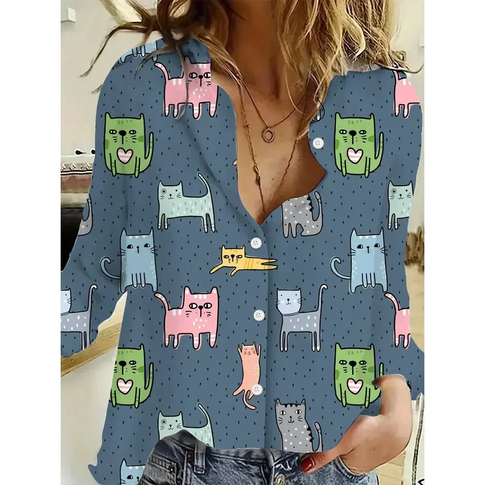 2024 New 3D Digital Cute Cat Printed Women\'s Shirt Temperament Long Sleeve Casual Fashion Daily Spring and Autumn Long Sleeve To