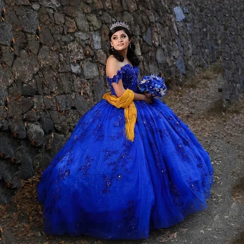 ANGELSBRIDEP-Robes de Quinceanera bleues royales, robes éducatives de 15 ans, appliques de fleurs 3D, robe de Rhd'anniversaire de princesse personnalisée