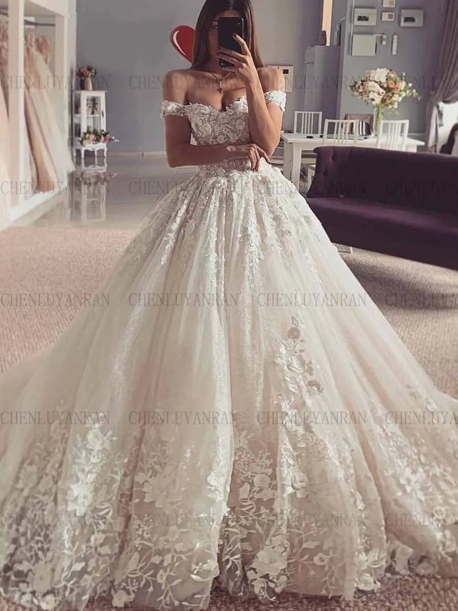 Boho Tulle Wedding Dresses 2023 Luxury Off-Shoulder Long Bride Gowns Lace Up Applique Dresses For Women 2023 robe de mariée