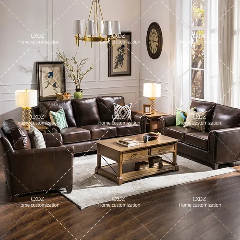 American Style Leather Sofa Top Grain Cowhide Solid Wood Frame Retro 3 Seater Couch for Small Apartment Living Room Furniture