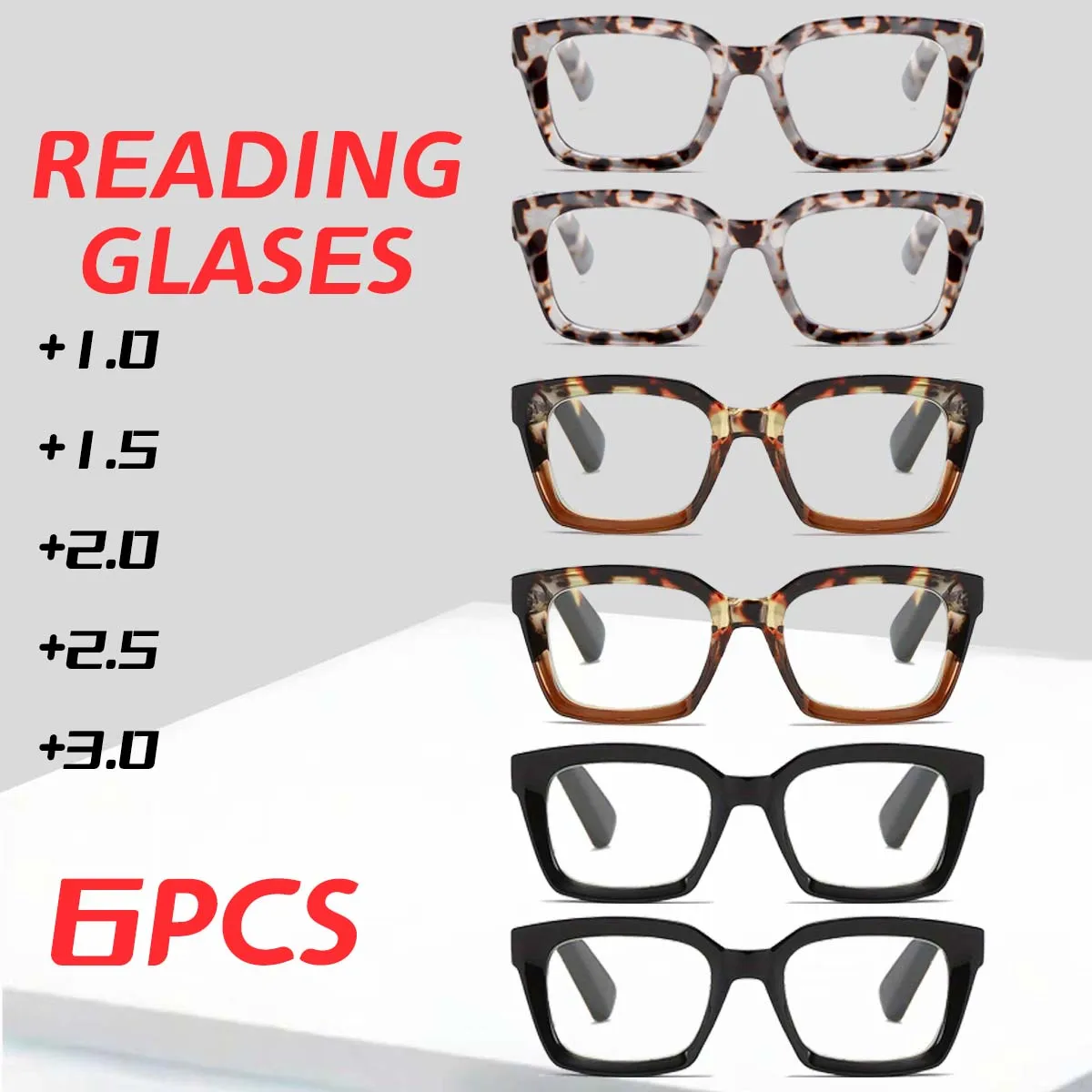 

6PCS Retra Square Concave Frame Clear Lens Glasses Ultra Light Reading Glasses Spectacles Degree +1.0 +1.5 +2.0 +2.5 +3.0