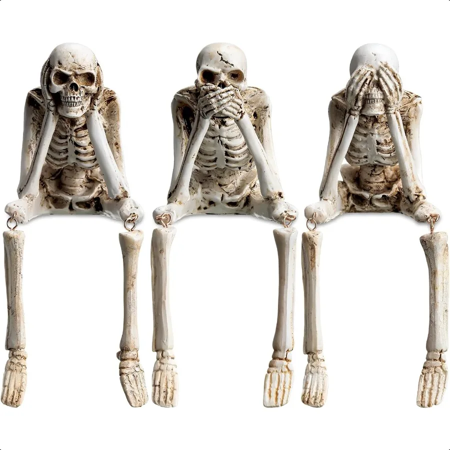 

Set of 3 Halloween Statues See Speak Hear No Evil Skeleton Figurines Realistic Skull Decorations for Home Haunted House Hallowe