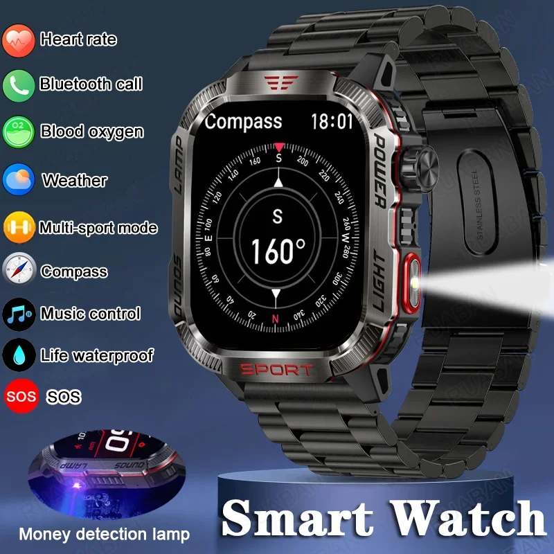 

2025 New Men's Smart Watch for Military Outdoor Sports - 600mAh Battery, Waterproof, Bluetooth Call, Fitness, Flashlight Compass