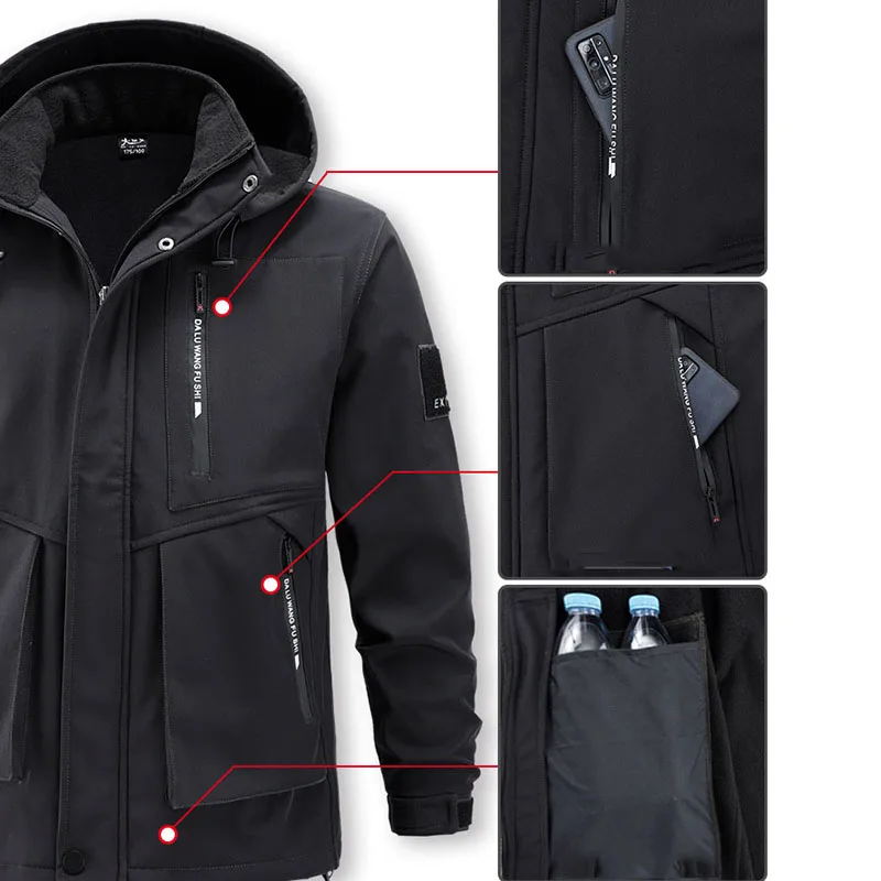 Oulylan Waterproof Tactical Winter Set Men\'s Military Waterproof Suit Multi-Pocket Soft Shell Hooded Jackets Work Pants