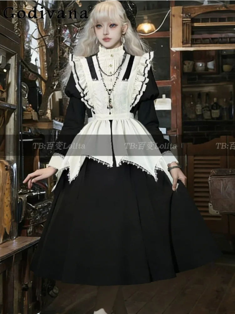 

Large Size New Dark Gothic Puff Sleeve Lolita Long Dress Classical Maid Cosplay Elegant Stand Collar Black High Waist Dresses