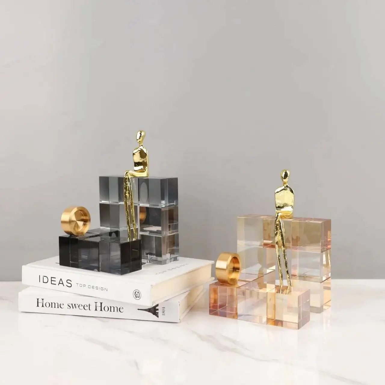 Glass Craft Geometric Stair Crystal Ornament Metal Gold Art Sculpture Metal Decorative Figurines Home Decoration Accessories