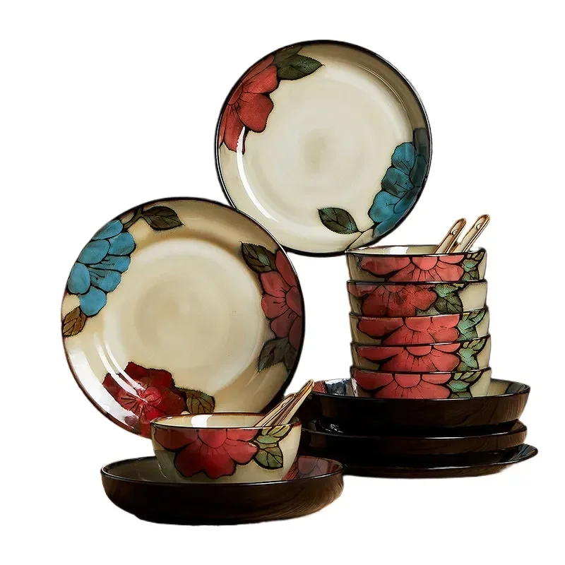 Ceramic Dishes Set Household Retro Underglaze Color Rice Bowl Soup Bowl Vegetable Plate Combination Simple Thickened