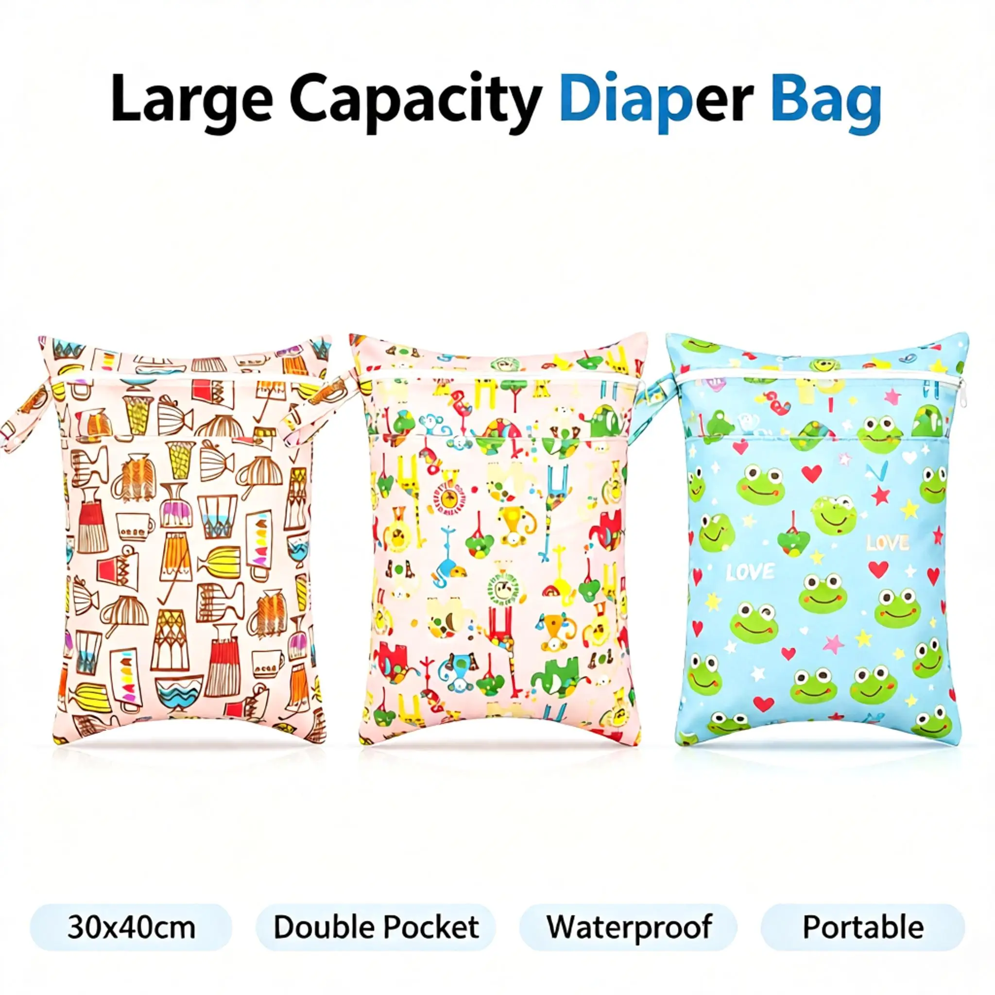 40x30cm Baby Diaper Bag Waterproof Wet Dry Separation Double Pocket Zipper Storage Bag Printed  Handle Stroller Maternity Use