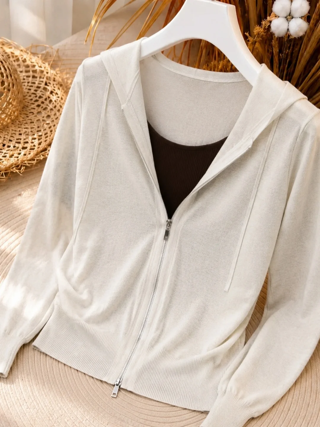 Trendy European Design Zipper Knitted Long Sleeve Women's Top Fashionable Versatile Hooded Shirt Commute Style Soft Fabric