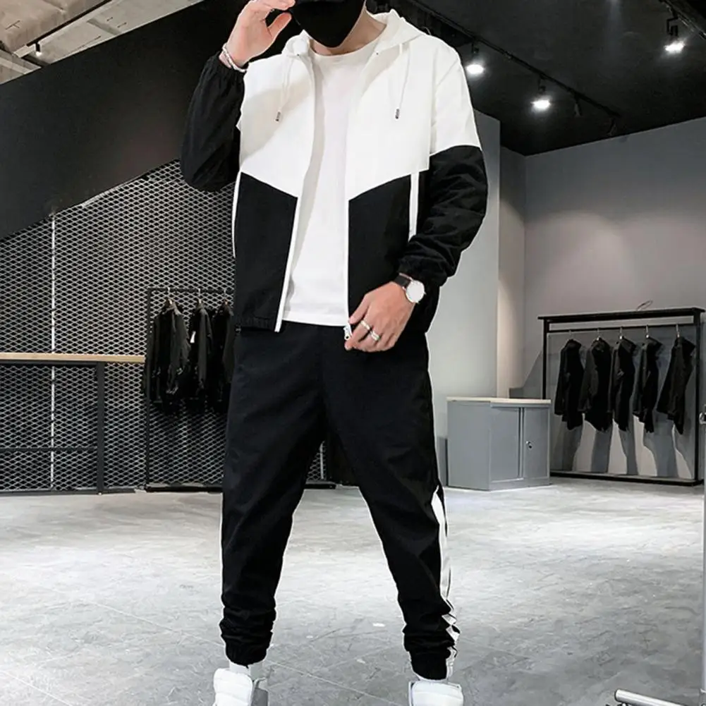 Men Coat Pants Set Men Jacket Trousers Set Colorful Men\'s Sportswear Set with Hooded Zipper Coat Elastic Waist for Spring