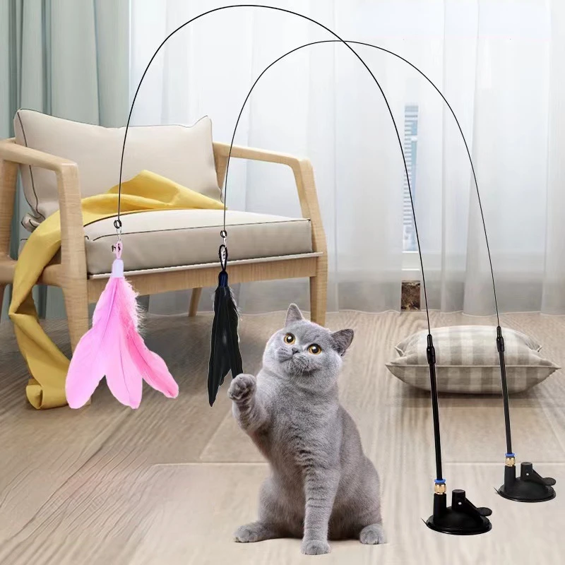 Cats Toys Feathers Wand Interactive Toy Kitten Toys with Super Suction Cup Detachable Feather Replacements Cat Accessories