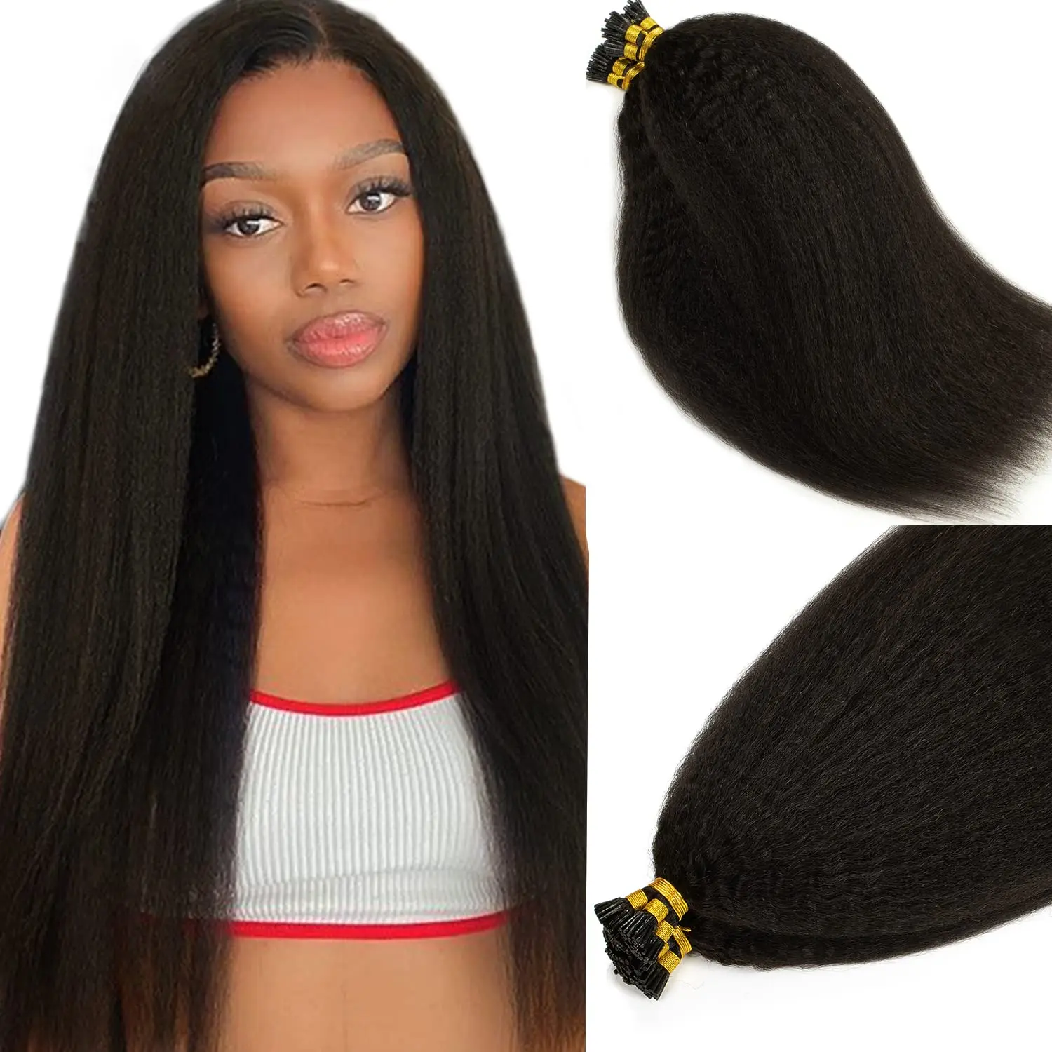 Kinky Straight I Tip Hair Extensions 100% Human Hair 50G/100G Brazilian Hair Extensions Unprocessed Hair Bundles Natural Black