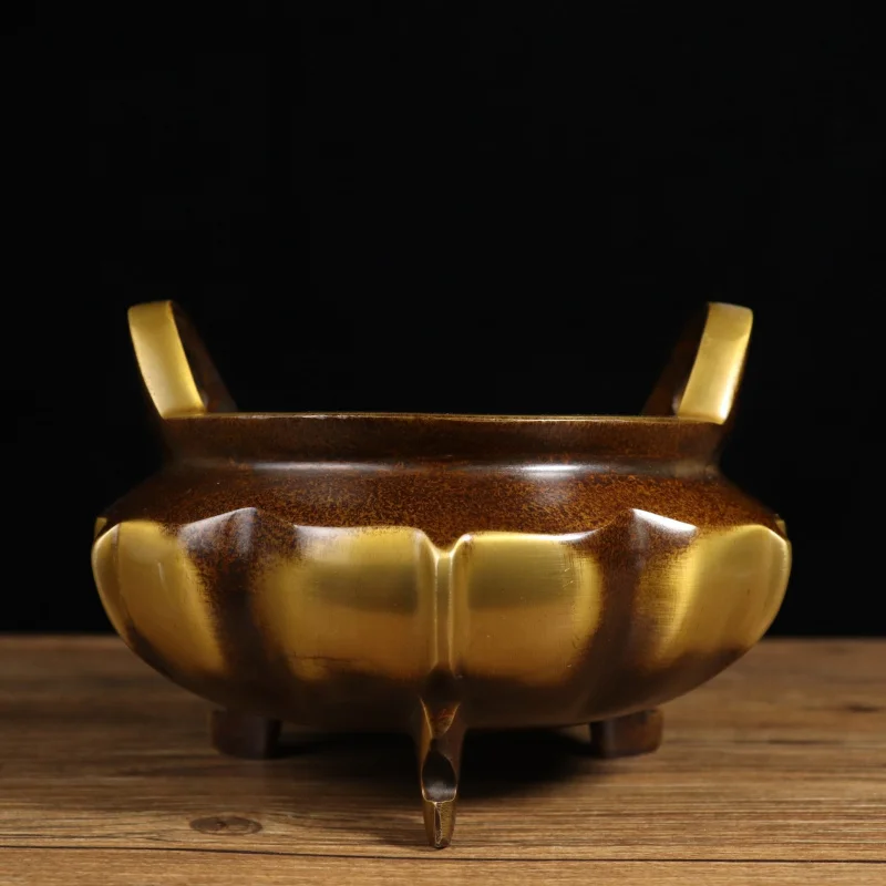 

Pure Copper Ornament Old Brass Soaring Horse Hoof Foot Petal Incense Burner Double Ear Xuande Furnace
