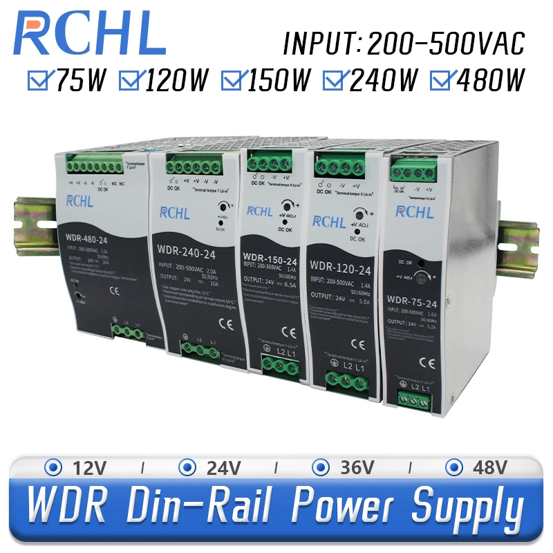 

RCHL WDR series Input 380V 75/120/150/240/480W Din-rail Switching Power Supply AC to DC 2V 24V 36V 48V Industrial Transformer