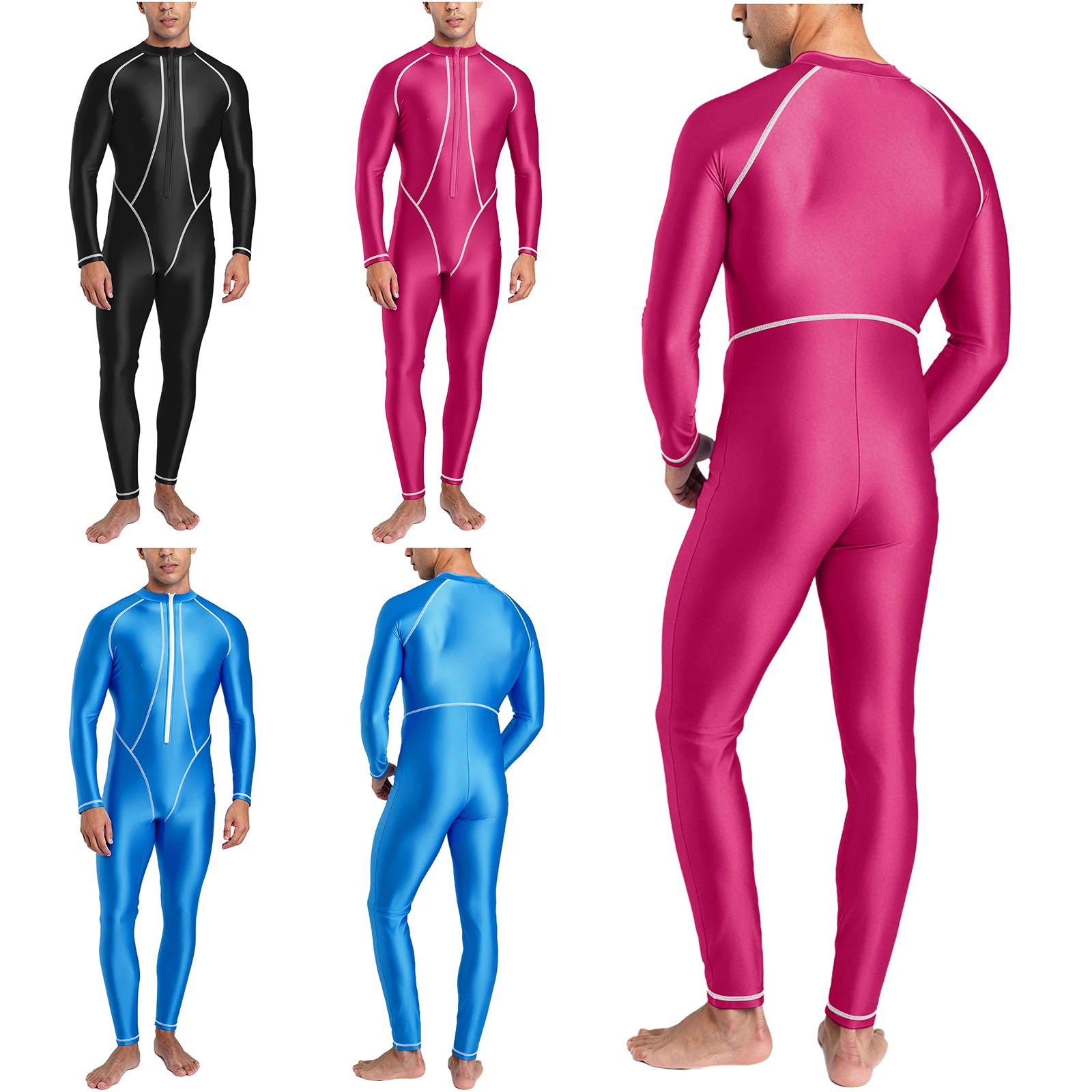 Herren-Rashguard-Badeanzug mit Vollkörperabdeckung, Stehkragen, langen Ärmeln, langen Hosen, glänzender Einteiler-Badeanzug – Detail 2