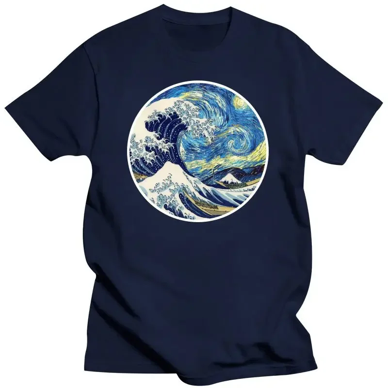 Arrival fashion heavyweight New The Great Wave on Starry Night Tshirt hokusai great wave off kanagawa van gogh starry night oil