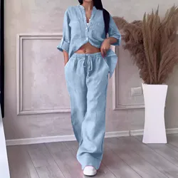 Women's pant sets Versatile and fashionable 2-piece Casual Cotton And Linen Solid Color Shirt And Drawstring Wide Leg Pants Set