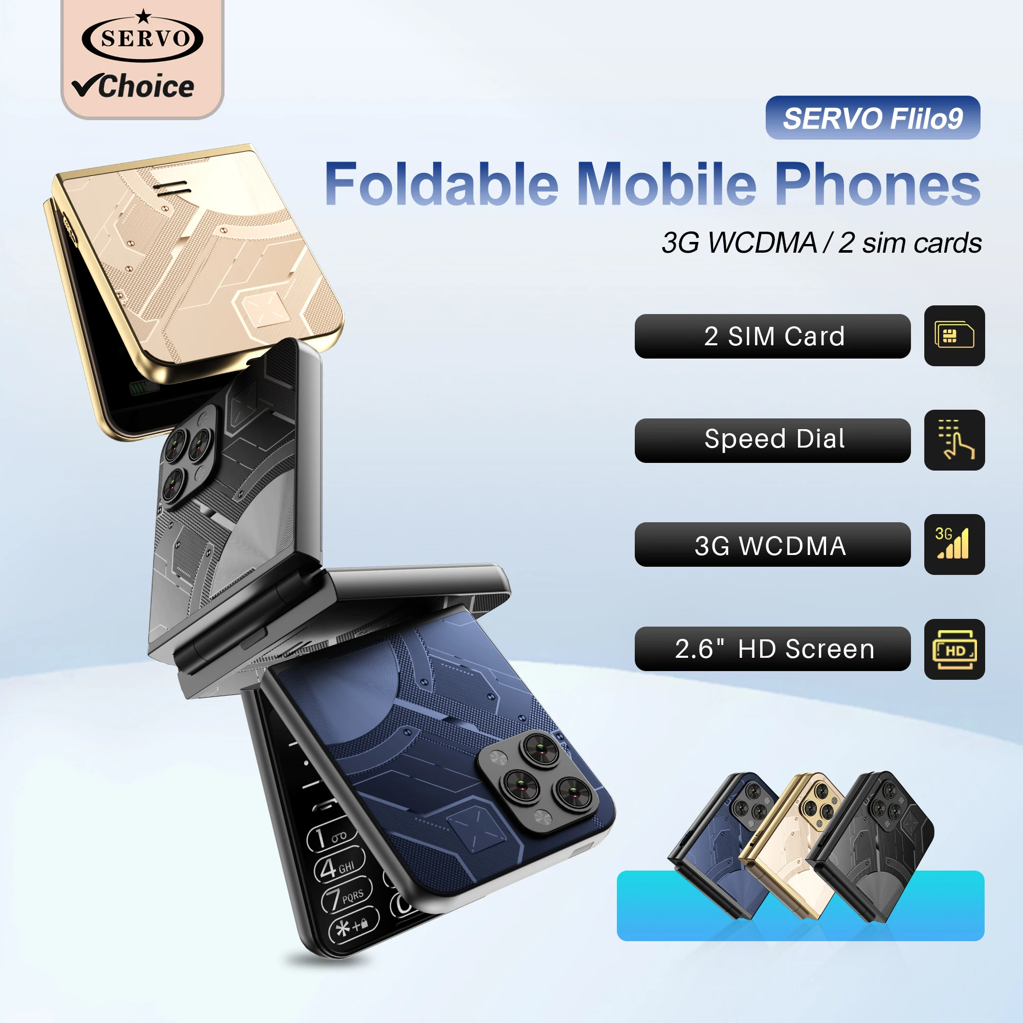 SERVO Flilo9 Flip Mobile Phone 2.6“Display Dual SIM Card Blacklist Speed Dial Call Recorder 3G WCDMA Fold Button Small Cellphone