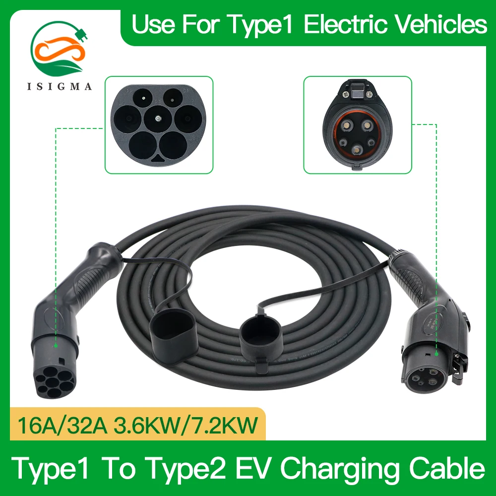 Isigma 16A 3.6kw 32A 7.2kw Type1 to Type 2 J1772 EV Charging Cable 220V Voltage Suitable for Type1 Cars Charging