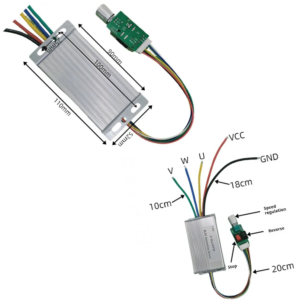 No Hall Controller Stop/Reverse Speed Regulator DC6-60V 3 Phase DC Brushless Motor Driver Module 750W BLDC Brushless Motor
