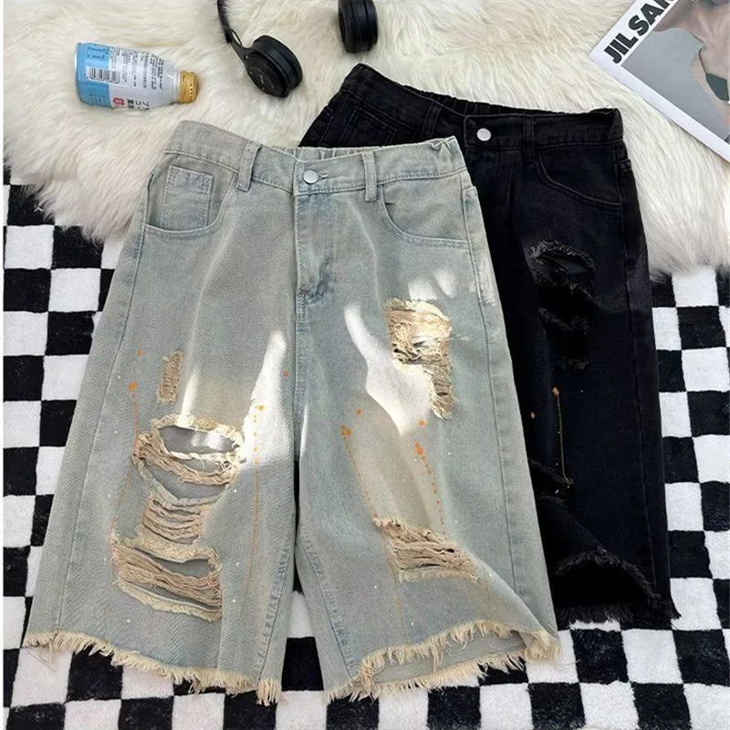 Women's Burr Hole Paint High Waisted Unisex Denim Shorts Vintage Knee Length Trousers Summer Female Fashion Cropped Pants