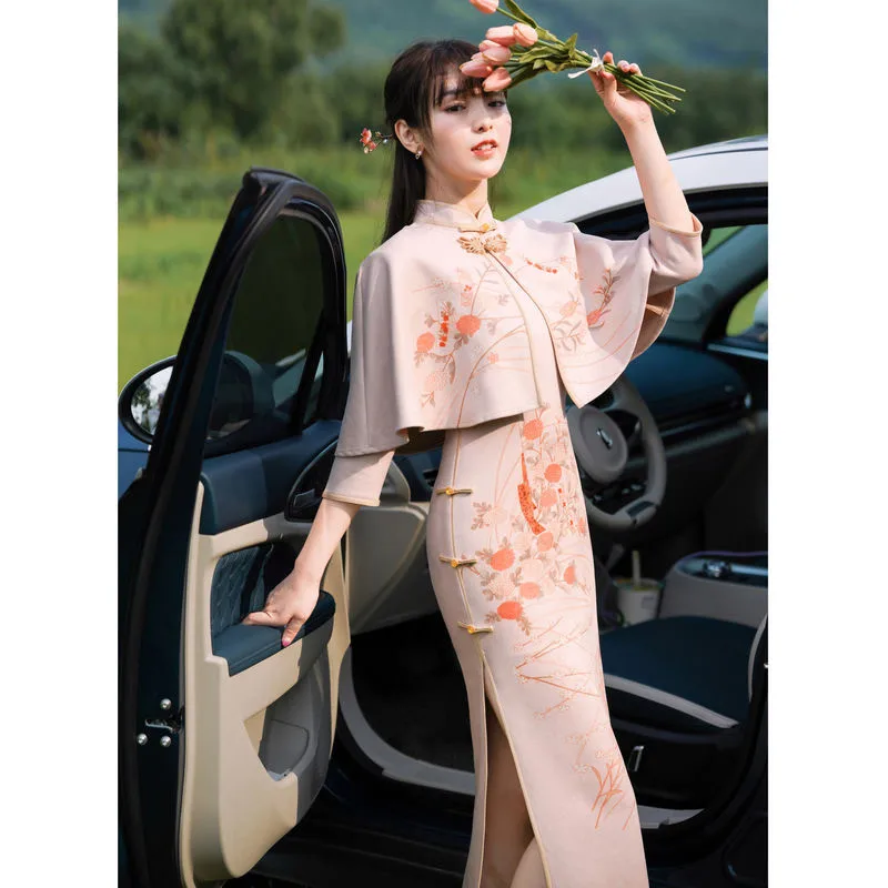 

Women Traditional Robe Elegant Slim Cheongsams Shawl Two-piece Sets Mandarin Collar Eleglant Long Dress Oriental Party Vestidos