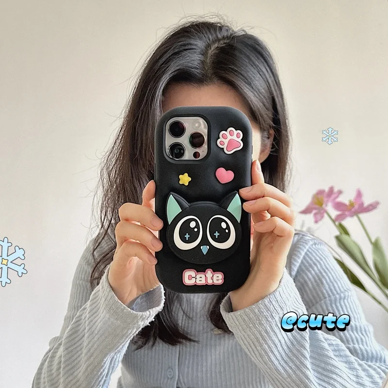3D Cartoon Cute Black Cat Bracket Silicone Phone Case For IPhone 18 17 16 15 13 12 14 11 Pro Max 15 16 Plus Back Cover﻿﻿﻿﻿