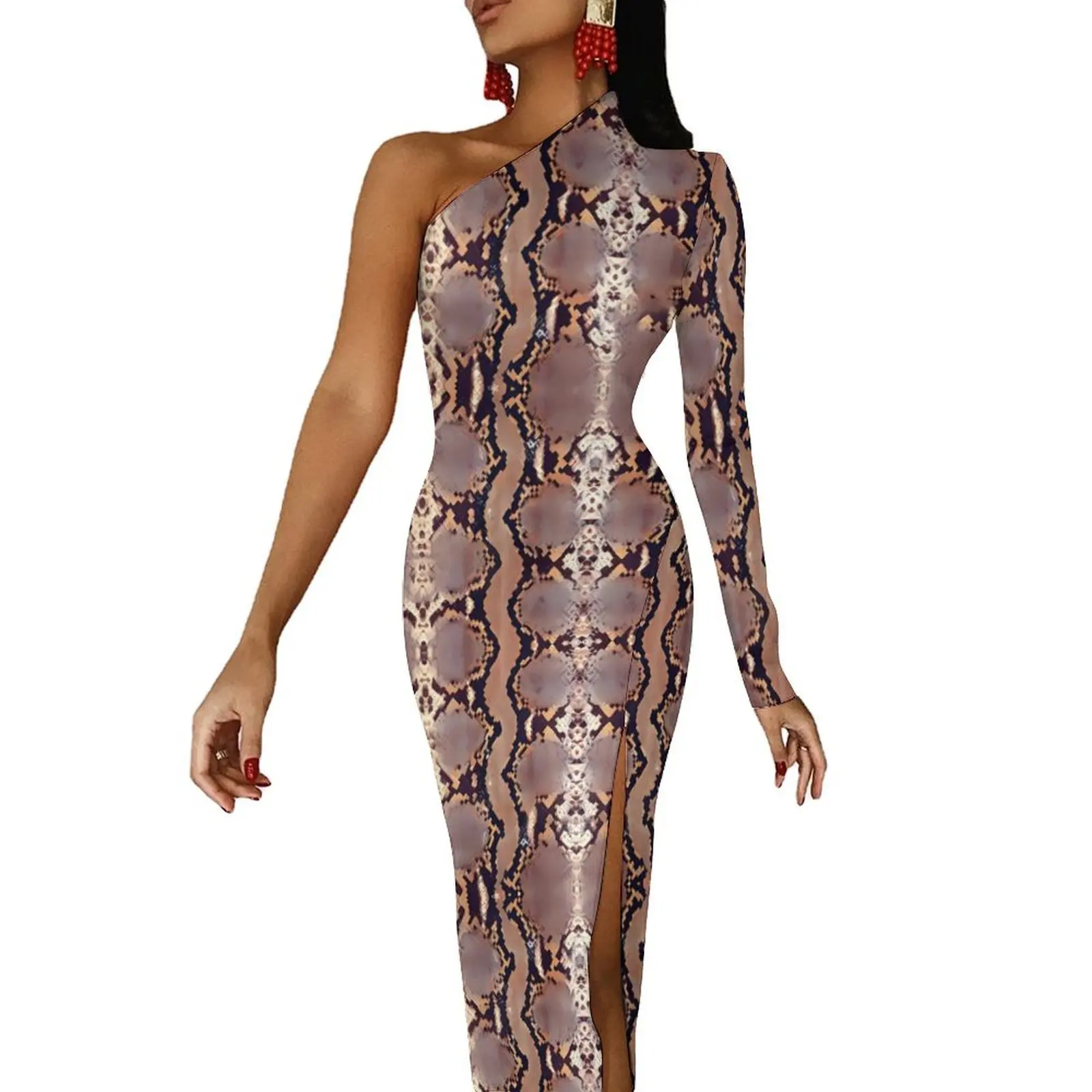 

Retro Snakeskin Bodycon Dress Autumn Animal Print Trendy High Slit Long Dresses One Shoulder Printed Party Dress
