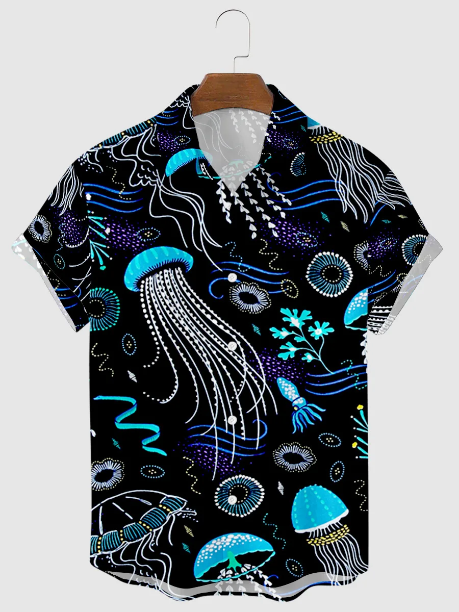 Men's Fashion Summer T-Shirts Hawaiian Jellyfish 3d Print Cozy Casual One Button Shirts Short Sleeve Beach Oversized Shirts