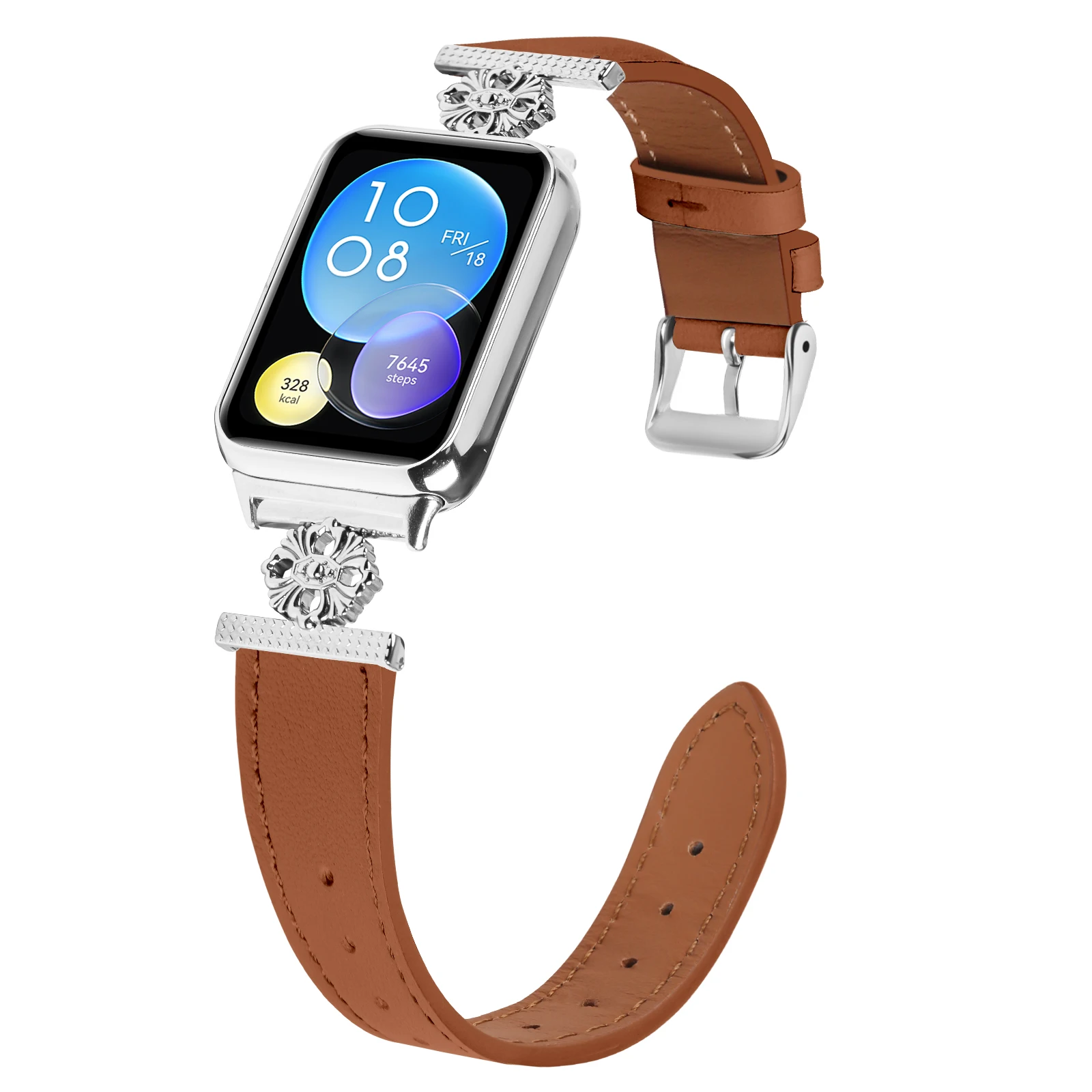 For Xiaomi Smart Band 8 Pro Watch Band Genuine Cow Leather Flower Decor Adjustable Strap - Brown