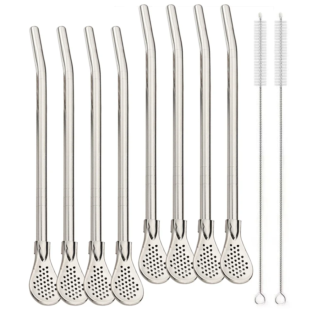 8Pcs Silver Reusable 304 Stainless Steel Drinking Straws Spoon Washable Mate Tea Spoon Filter Straw for Cocktail Bar Accessories