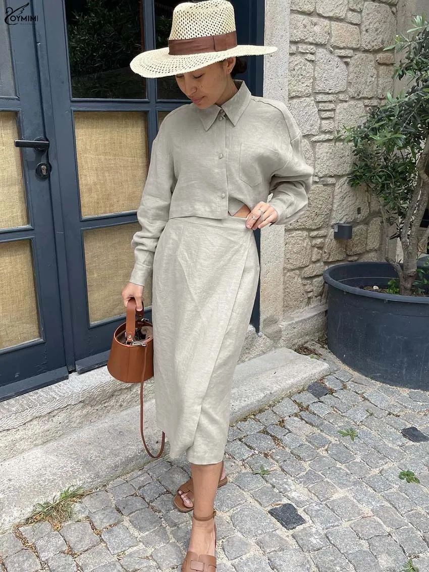 

Oymimi Casual Khaki Cotton 2 Piece Sets Woman Outfits Autumn Long Sleeve Button Crop Shirts + Straight Slim Mid-Calf Skirts Sets
