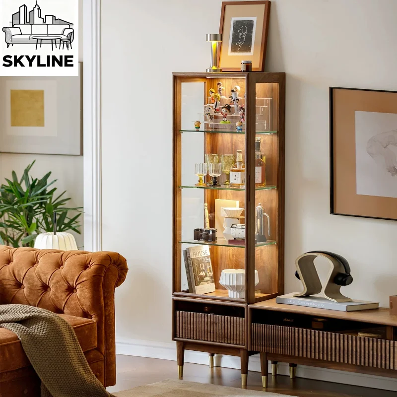 Black walnut glass display cabinet Solid wood tall display cabinet Living room TV cabinet