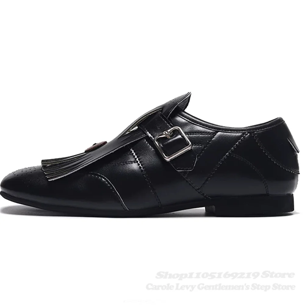 Retro Tassel Decor Men's Shoes Round Toe Thin Soled Loafers Black Buckle Strap Soft Leather Handmade Luxury New Leather Shoes