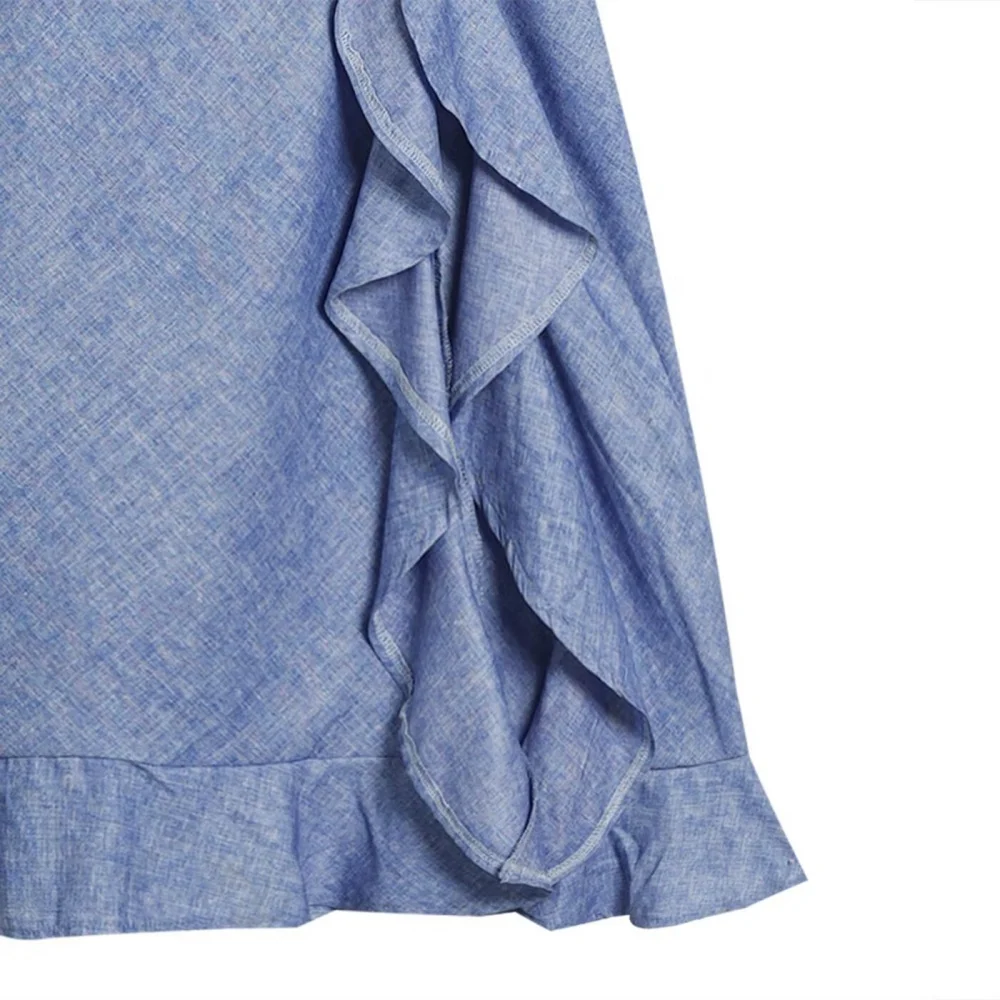 ZA feminino verão novo estilo de moda azul linho misturado em camadas vestido de alça decorativa