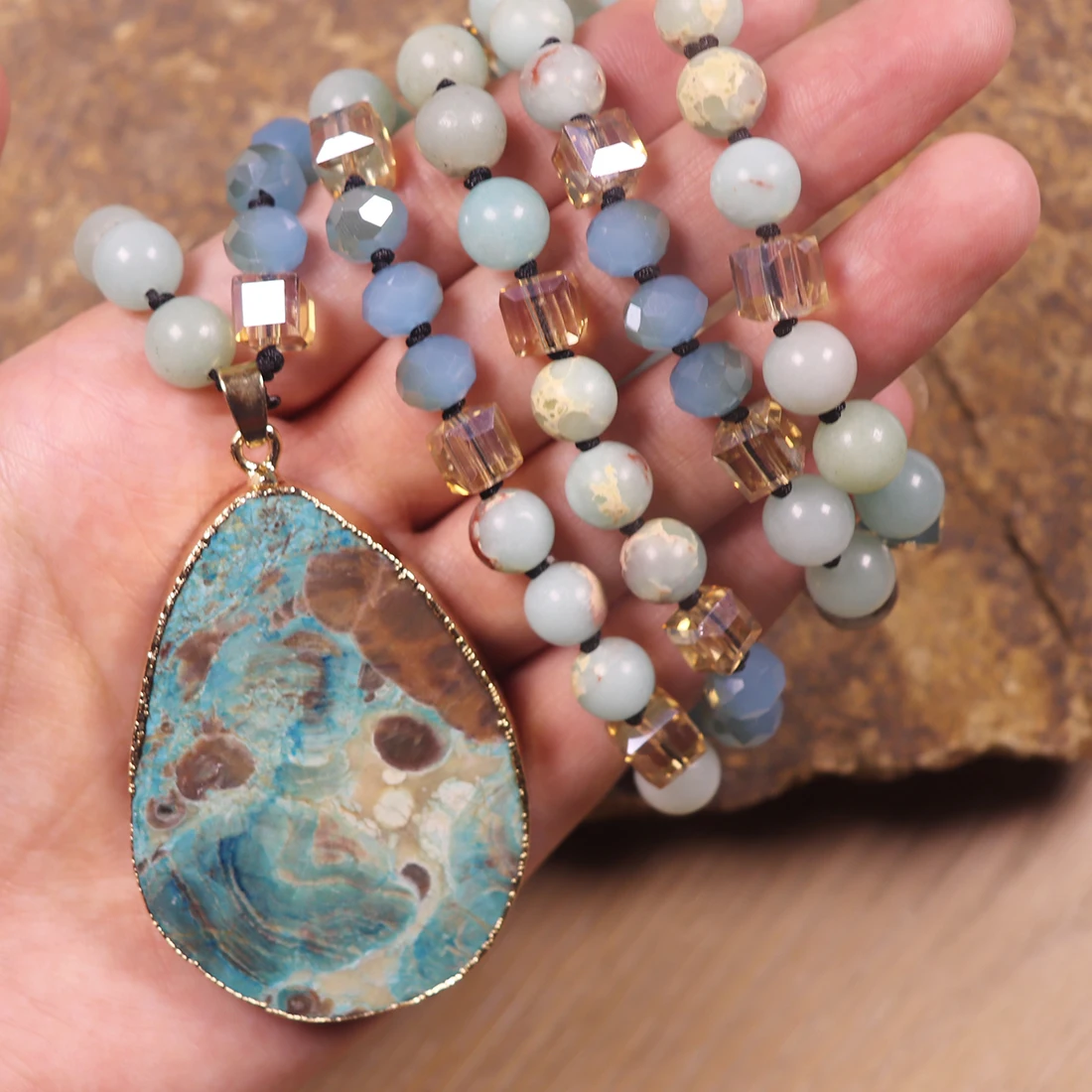 Boho Natural Ocean Stone Pendant Long Necklace Women Bead Lariat Necklaces