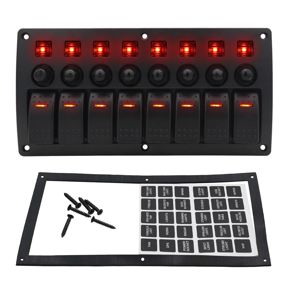 12-24V Universal Car RV Marine Boat Red LED 8 Gang Toggle Rocker Switch Panel Circuit Breaker