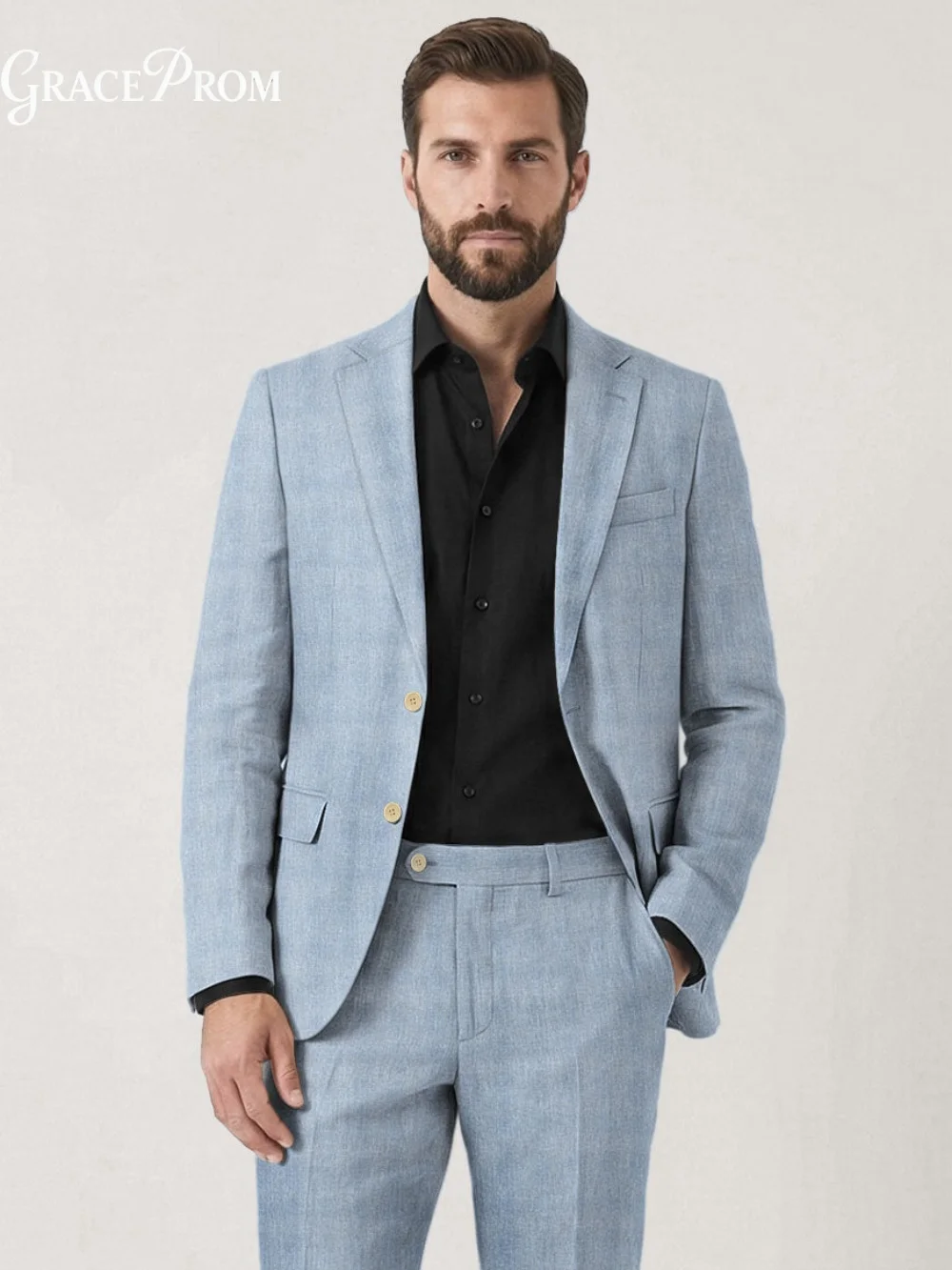Sky Blue Linen Blend Men Suit 2PCS 2026 Single Breasted With Notched Lapel Striped Pocket Square Formal Blazer Pants Customized