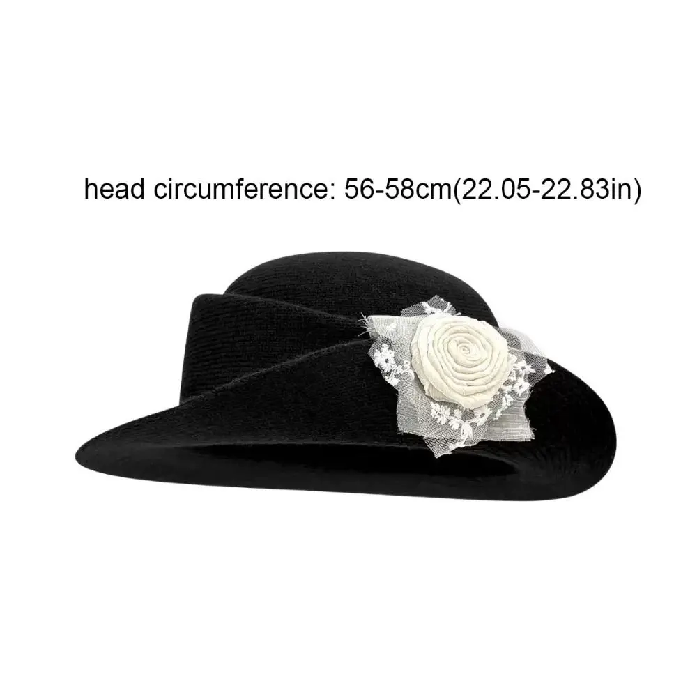 Cappello da topper stile Hepburn floreale alla moda Cappello da pescatore da donna a tesa larga oversize in lana nera stile francese